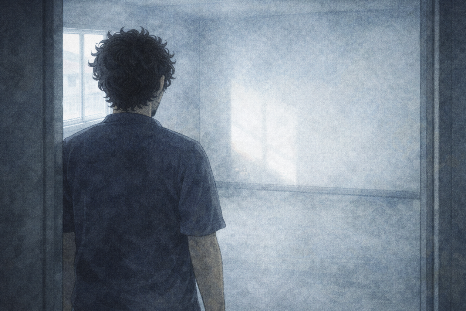 An empty apartment room in Melaka — bare walls, no furniture. Faris stands in the doorway, seen from behind. Devastatingly still.